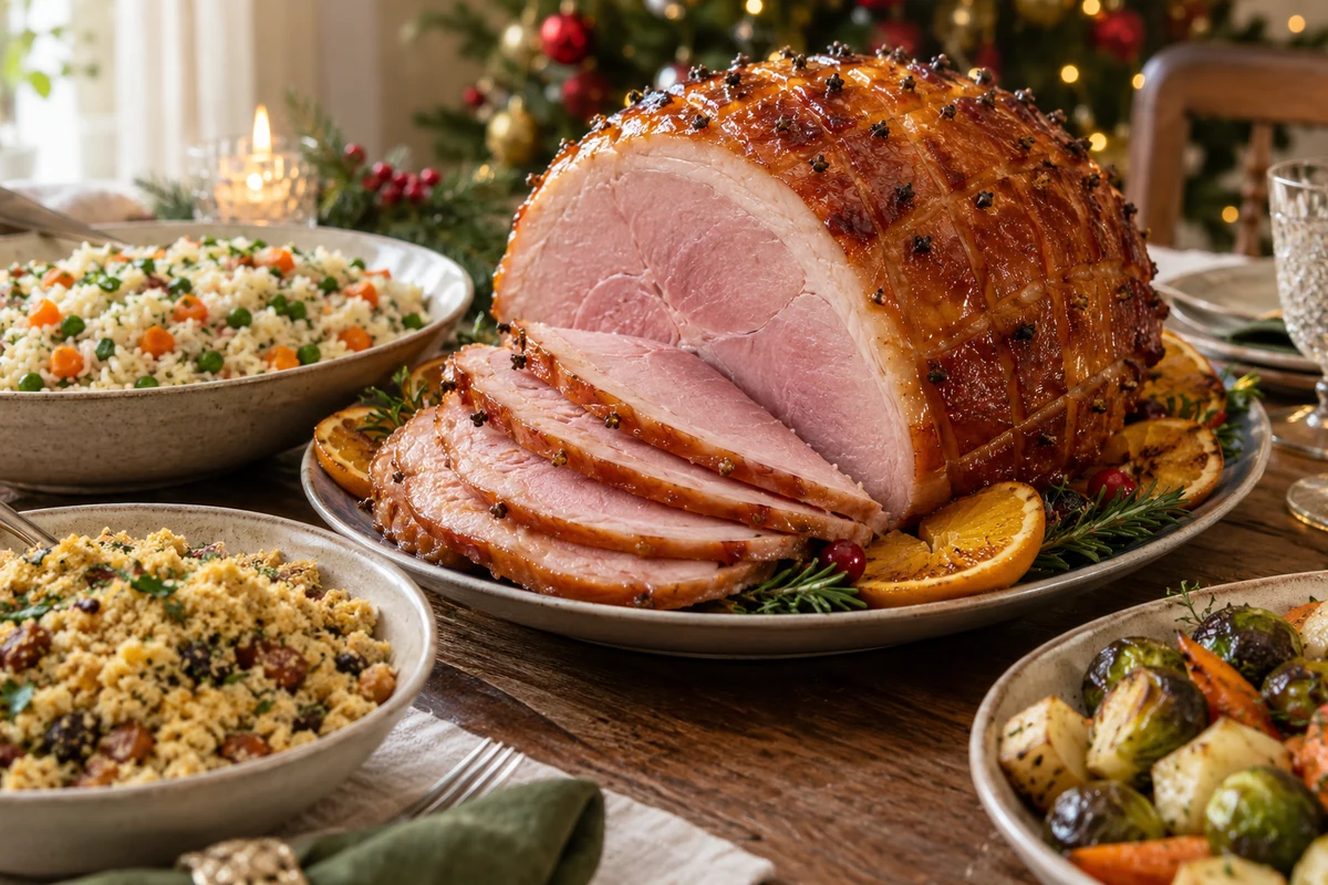 A sliced glazed ham ready for serving