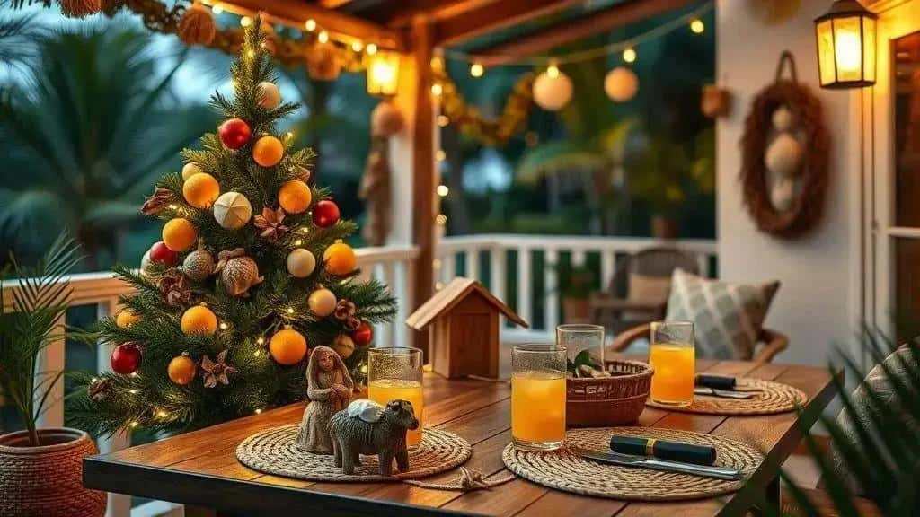 A small Christmas tree and fruit decorations on a veranda A small Christmas tree and fruit decorations on a veranda