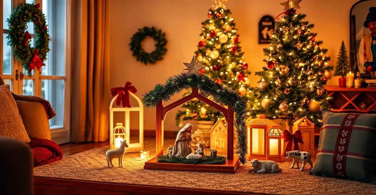 A small Nativity scene beside Christmas decorations