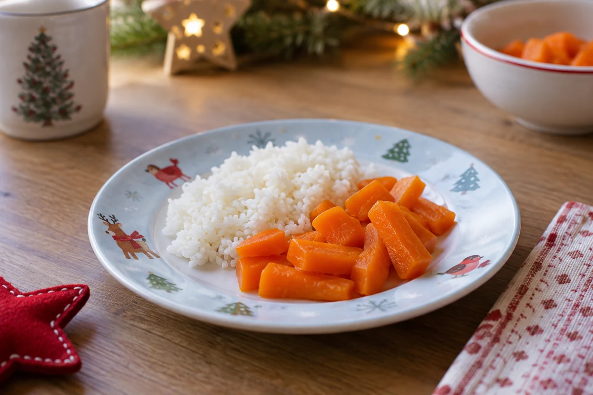 A small plain rice portion with soft cooked carrot on a child-sized plate, no nuts or hard garnishes