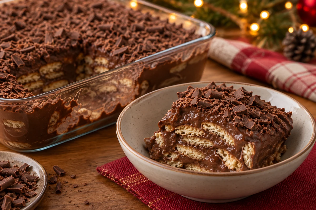 A spooned serving of chocolate biscuit pave