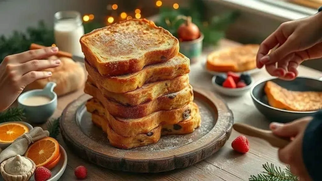 A stack of cinnamon-coated French toast on a wooden serving board