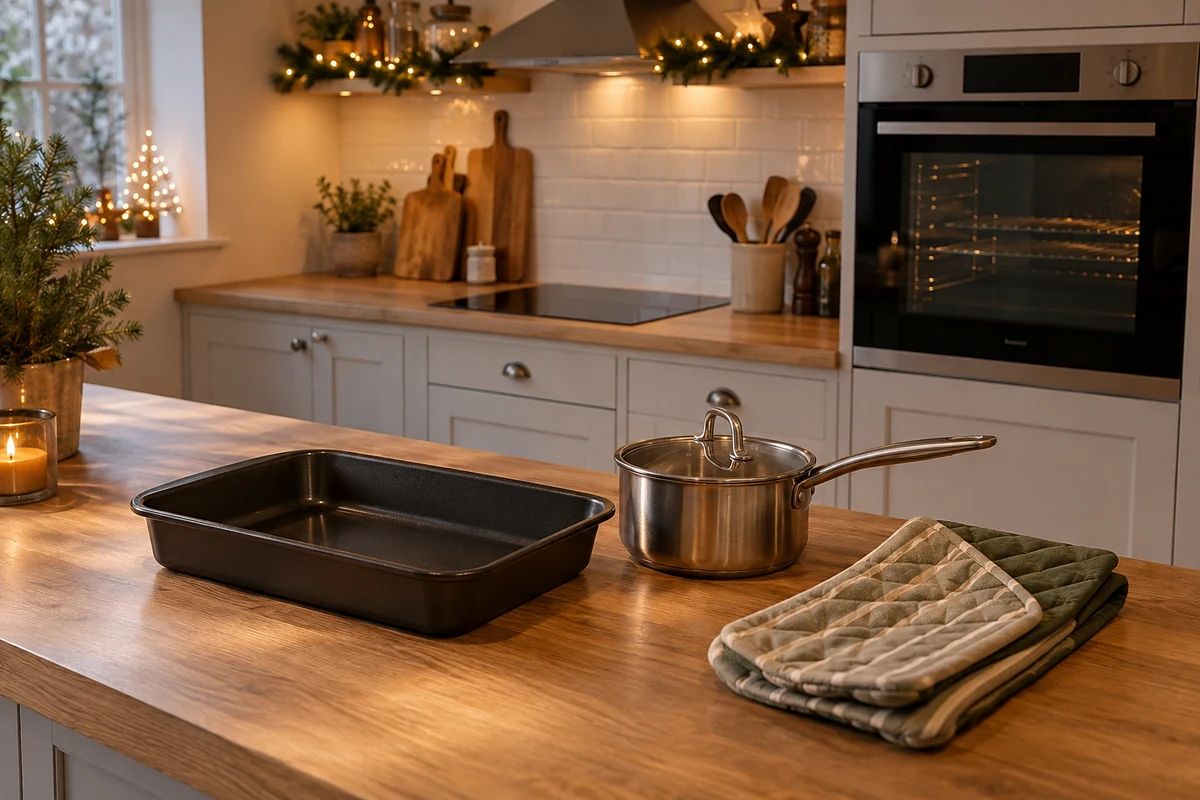 A tidy kitchen prepared for Christmas dinner