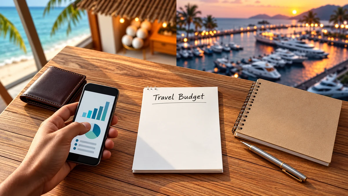 A travel budget notebook with a wallet and phone A travel budget notebook with a wallet and phone