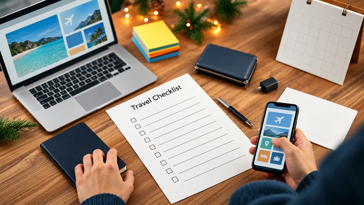 A travel checklist beside a blank planning calendar