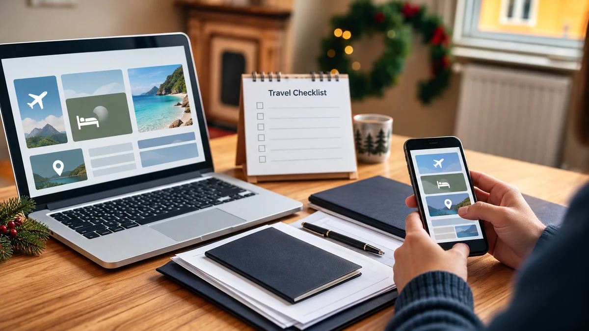 A travel checklist with a phone and document folders