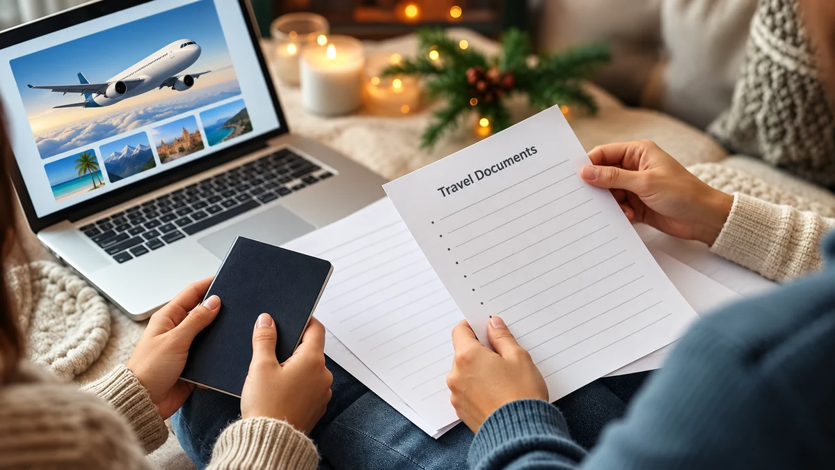 A travel documents checklist with plain booklets and a laptop