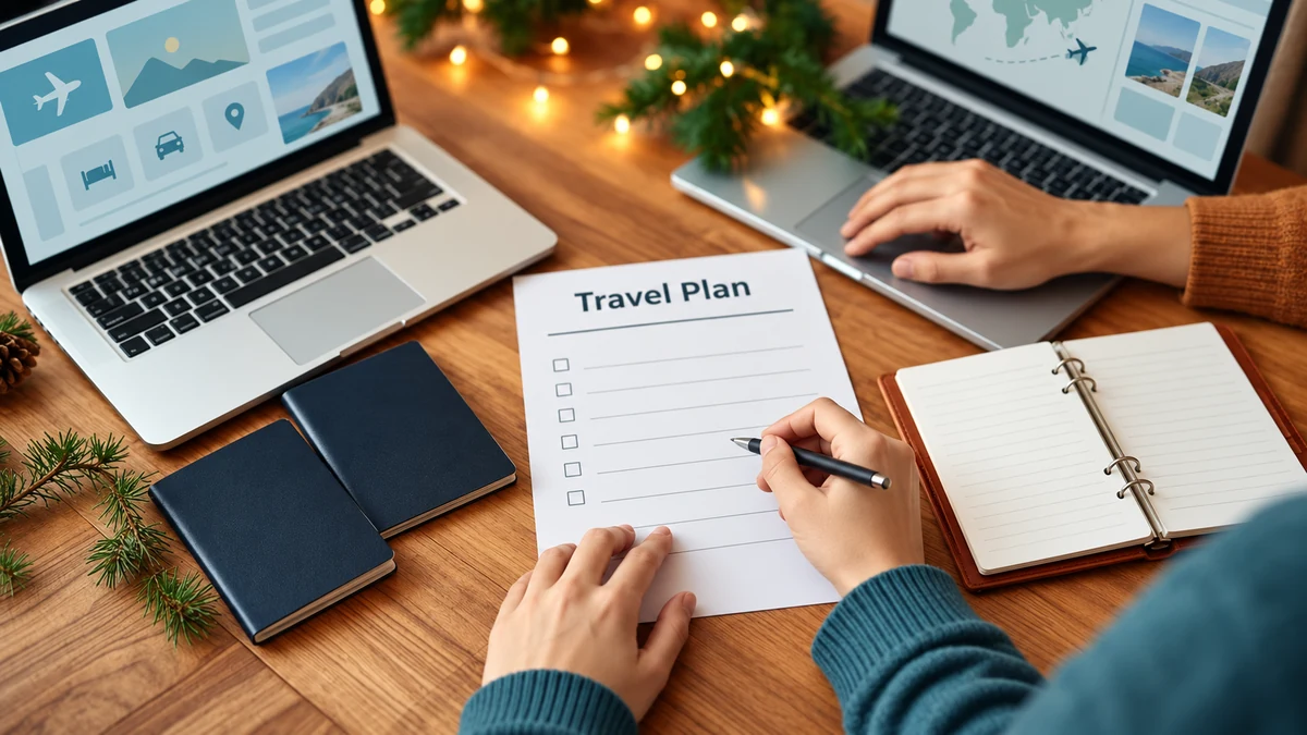 A travel plan with plain document booklets and a laptop