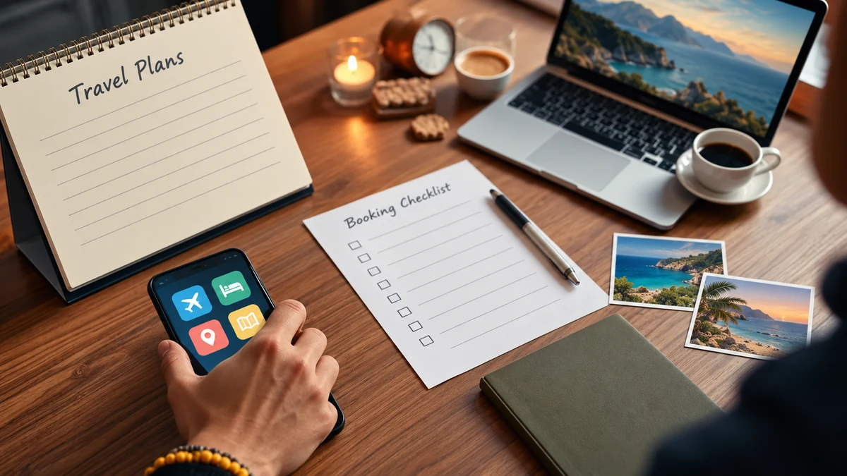 A travel plans notebook and booking checklist on a desk A travel plans notebook and booking checklist on a desk