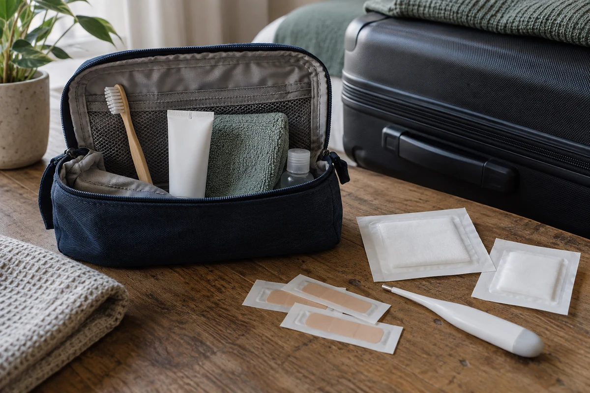 A travel washbag with toiletries and basic first-aid supplies A travel washbag with toiletries and basic first-aid supplies