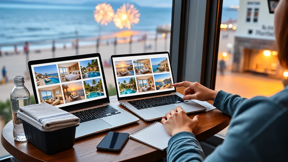 A traveller comparing accommodation pictures on a laptop A traveller comparing accommodation pictures on a laptop