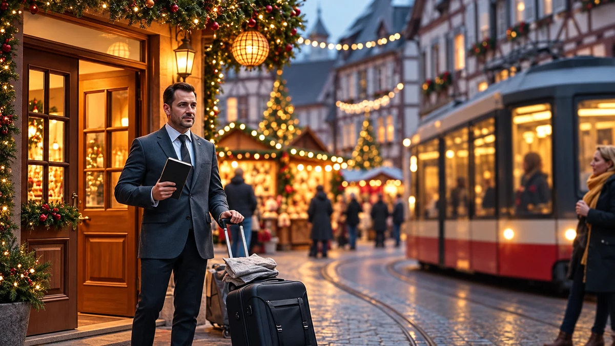 A traveller with luggage and a notebook near a tram