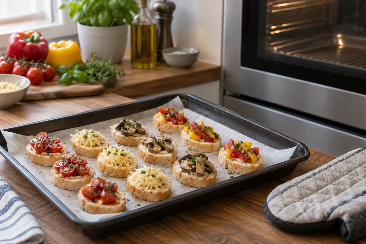 A tray of canapes beside an oven