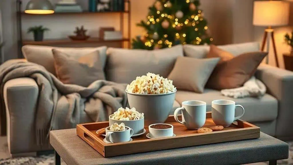 A tray of film night snacks beside a cosy sofa A tray of film night snacks beside a cosy sofa