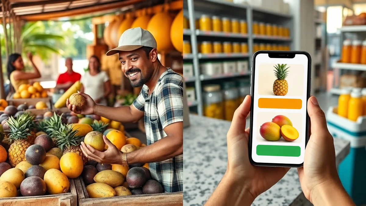 A tropical fruit vendor beside a customer browsing fruit on a phone