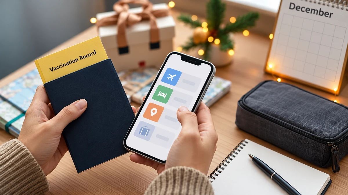A vaccination record booklet beside a phone and travel pouch