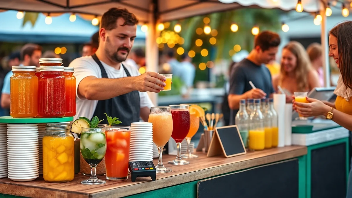 A vendor serving a small fruit drink at a festive stall