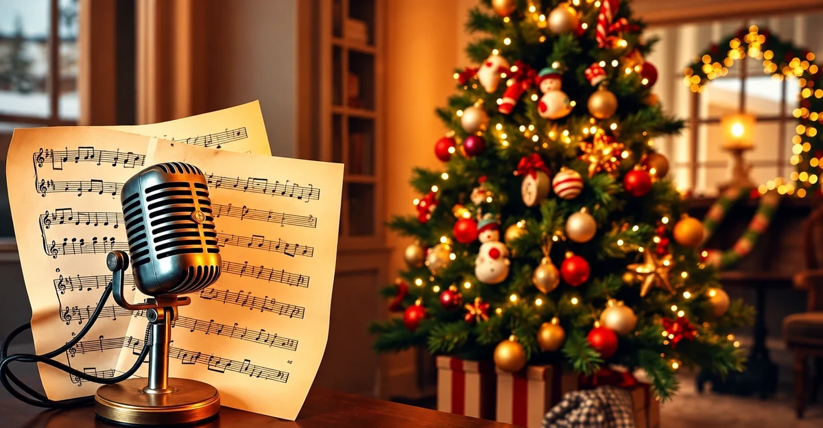 A vintage microphone and sheet music beside a Christmas tree