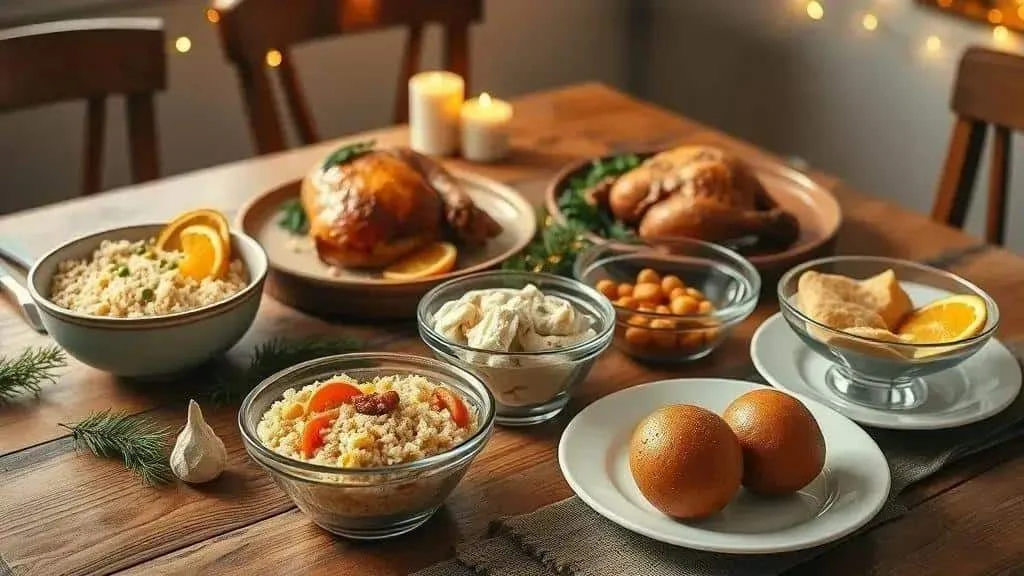 A welcoming Christmas table with roast chicken, rice and bowls of side dishes