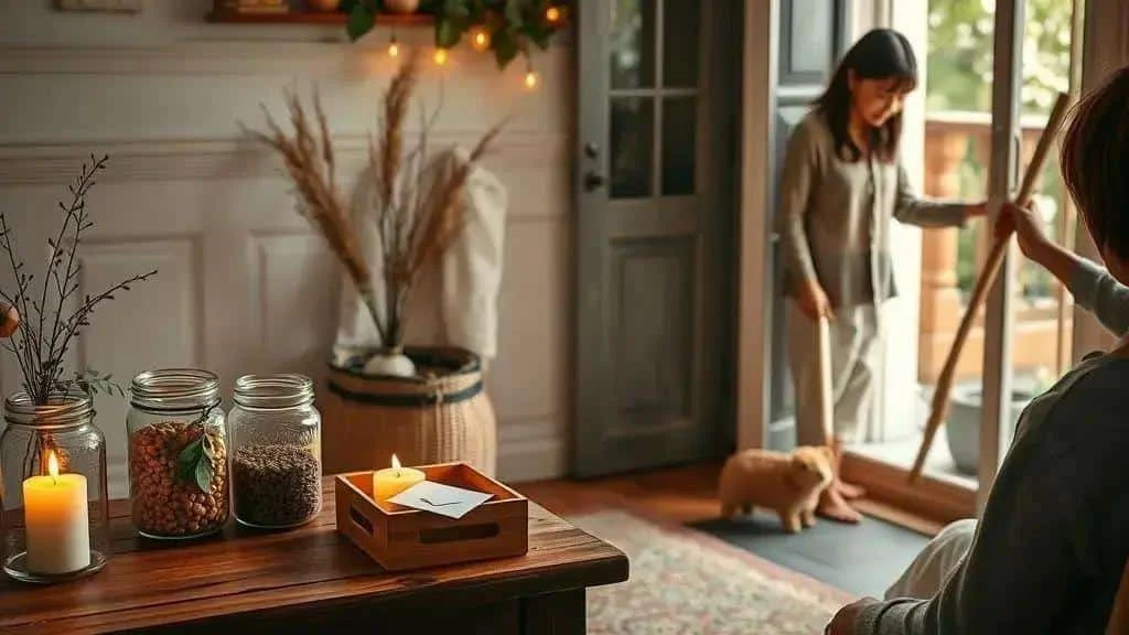 A woman opening a door beside a cat and a reflection journal