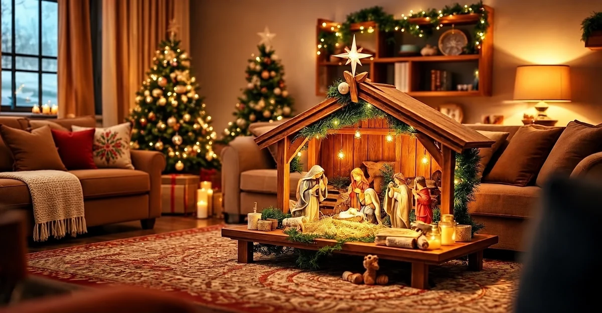A wooden Nativity stable in a cosy Christmas room