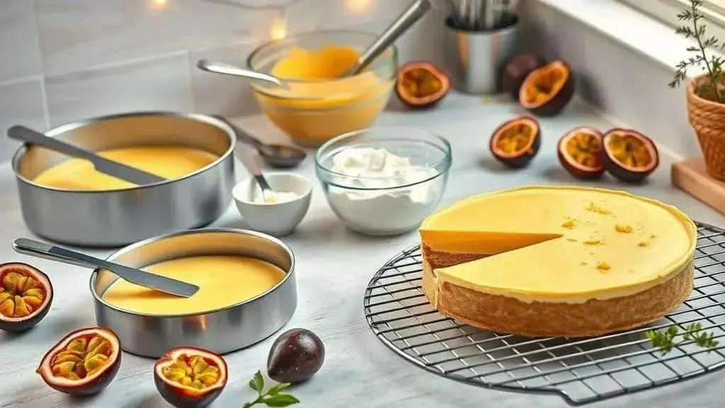 A yellow fruit tart with bowls of filling and passion fruit