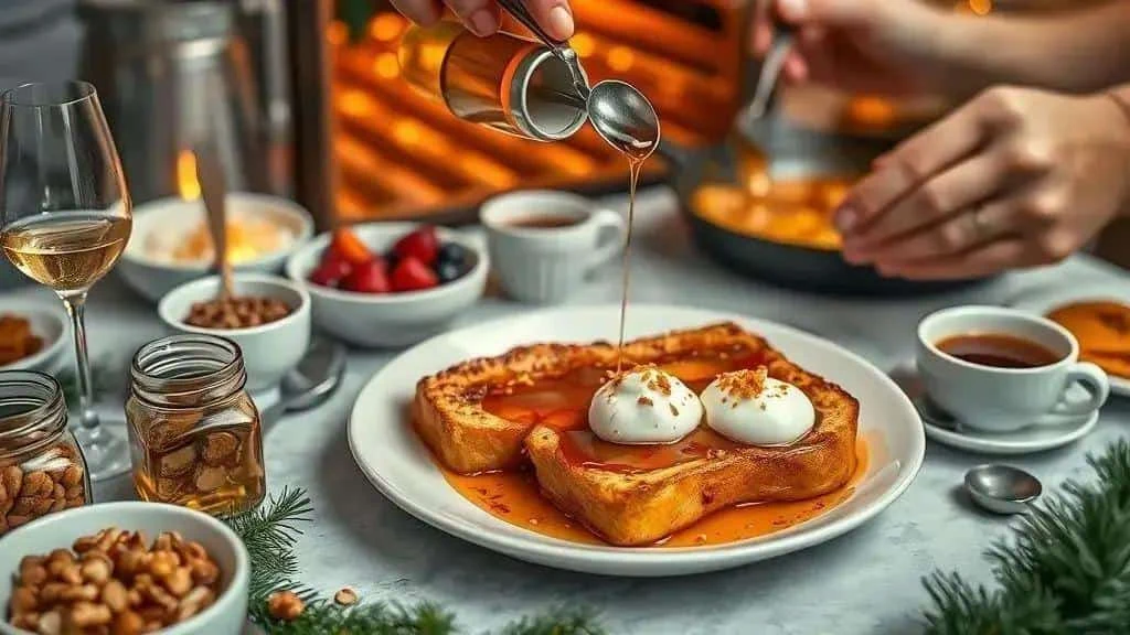 Adding a topping to French toast at a festive table