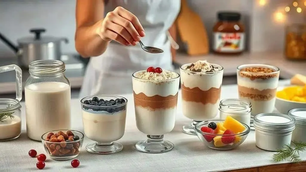 Adding a topping to individual cream desserts beside prepared ingredients