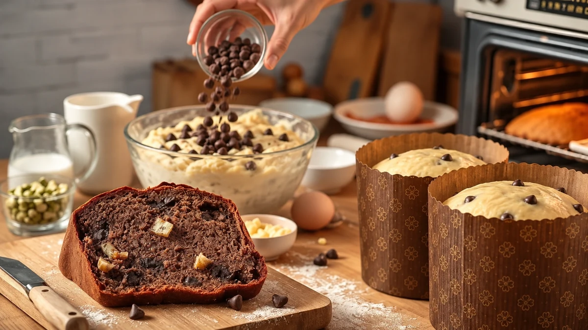 Adding chocolate chips to panettone dough