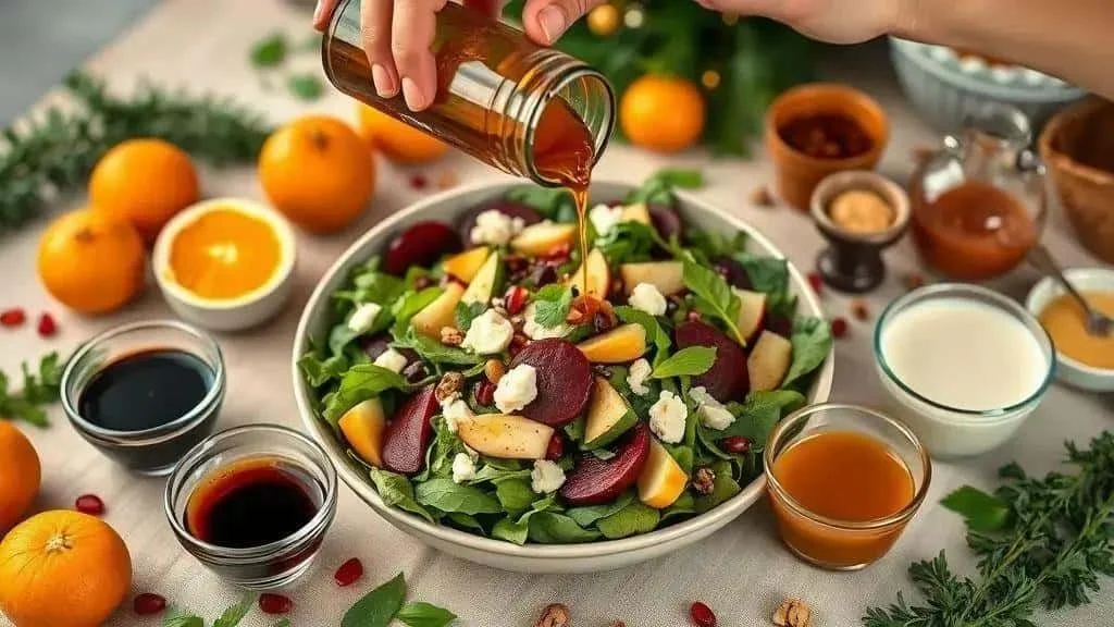 Adding dressing to a festive fruit and leaf salad Adding dressing to a festive fruit and leaf salad