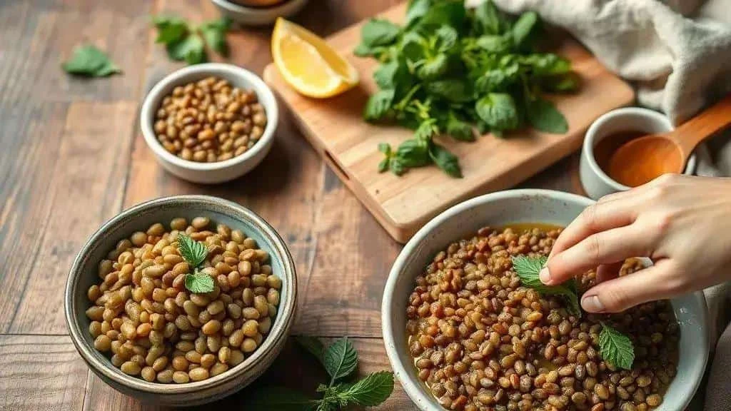 Adding fresh mint leaves to lentil salad