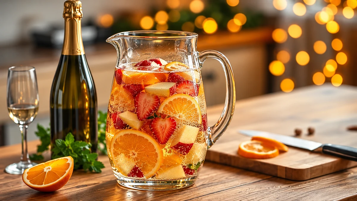 Adding sparkling wine to a jug of fruit clericot