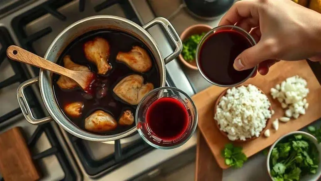 Adding the blood mixture to a chicken stew Adding the blood mixture to a chicken stew