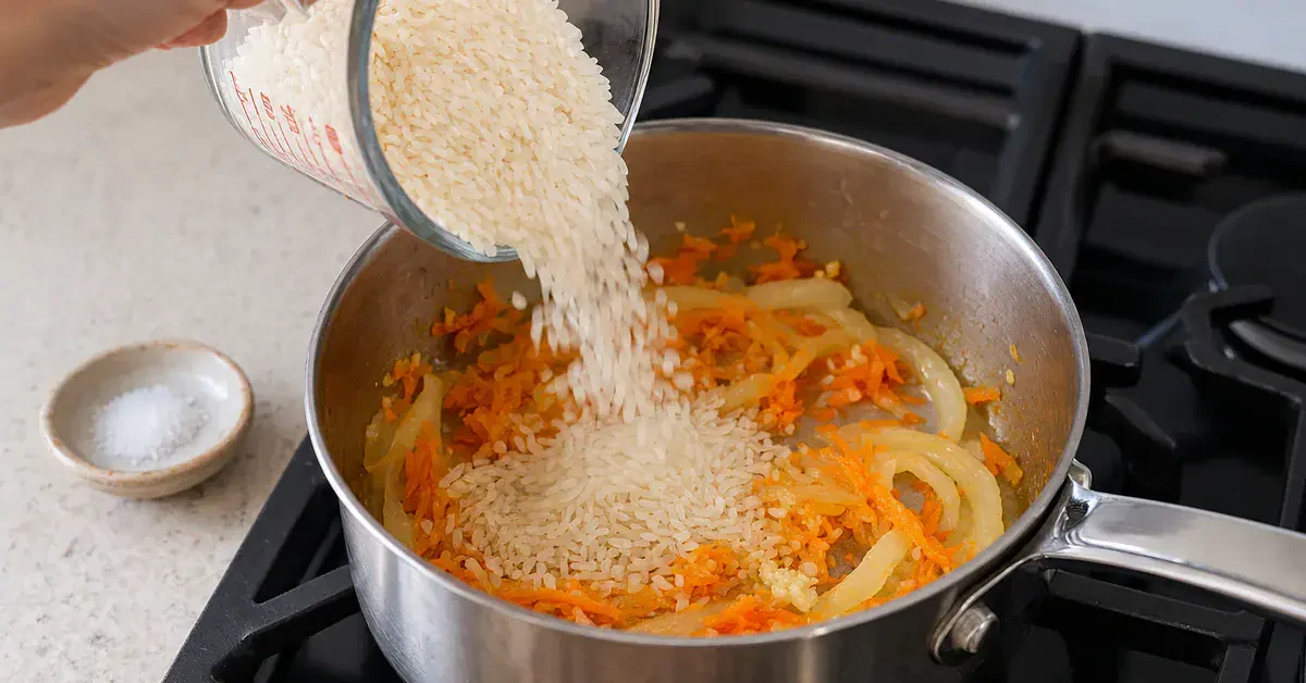 Adding uncooked rice to carrot and onion in a saucepan