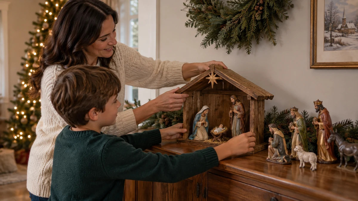 Adult and child arranging a wooden Nativity stable