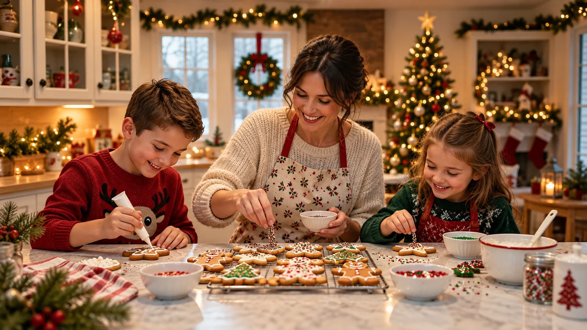 Adult and children decorating cooled baked biscuits Adult and children decorating cooled baked biscuits