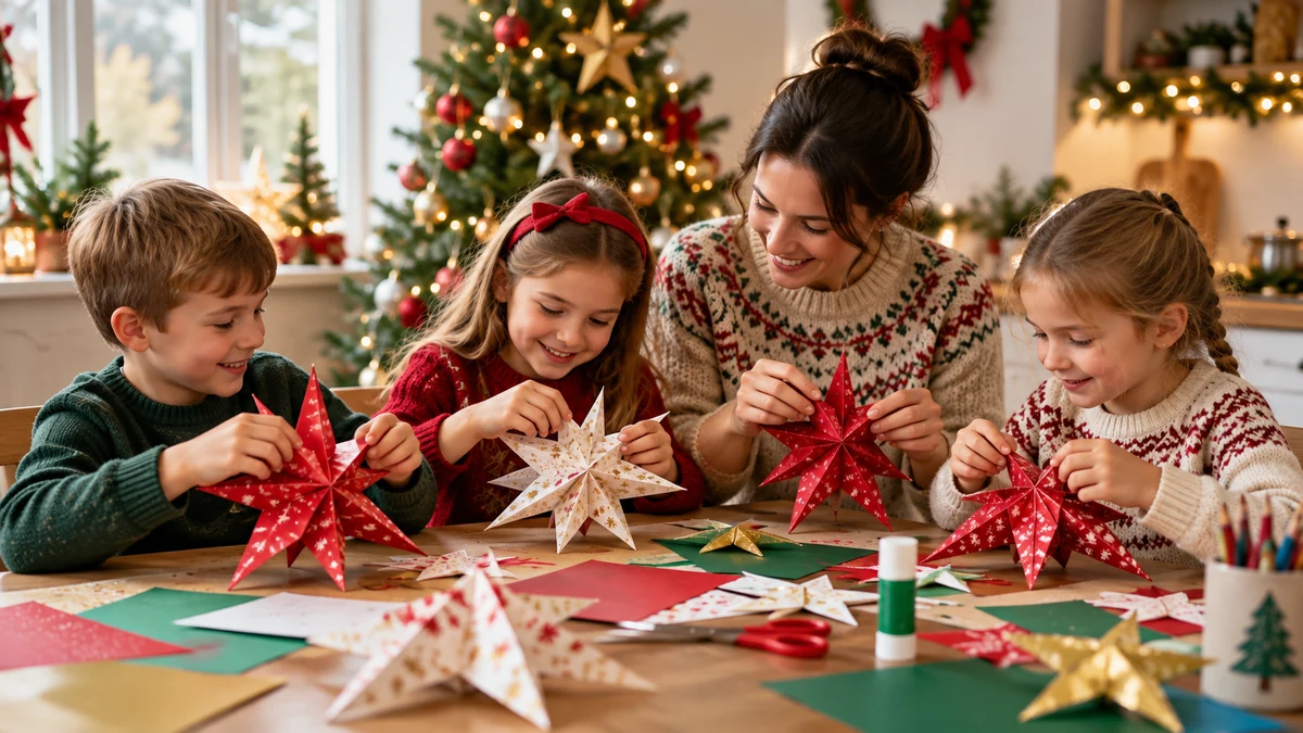 Adult and children making paper star decorations