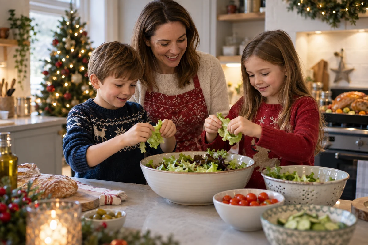 Adult and children preparing a green salad