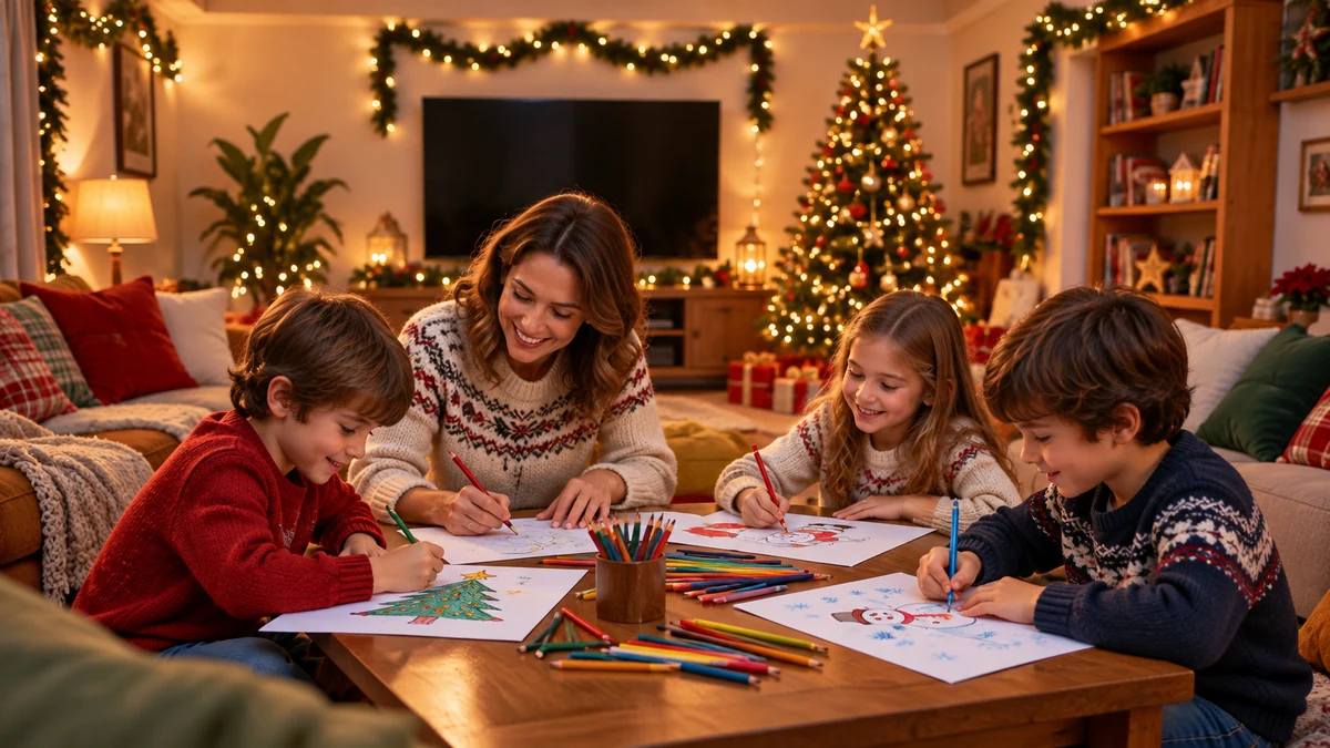 Adult and three children drawing Christmas pictures with the television off