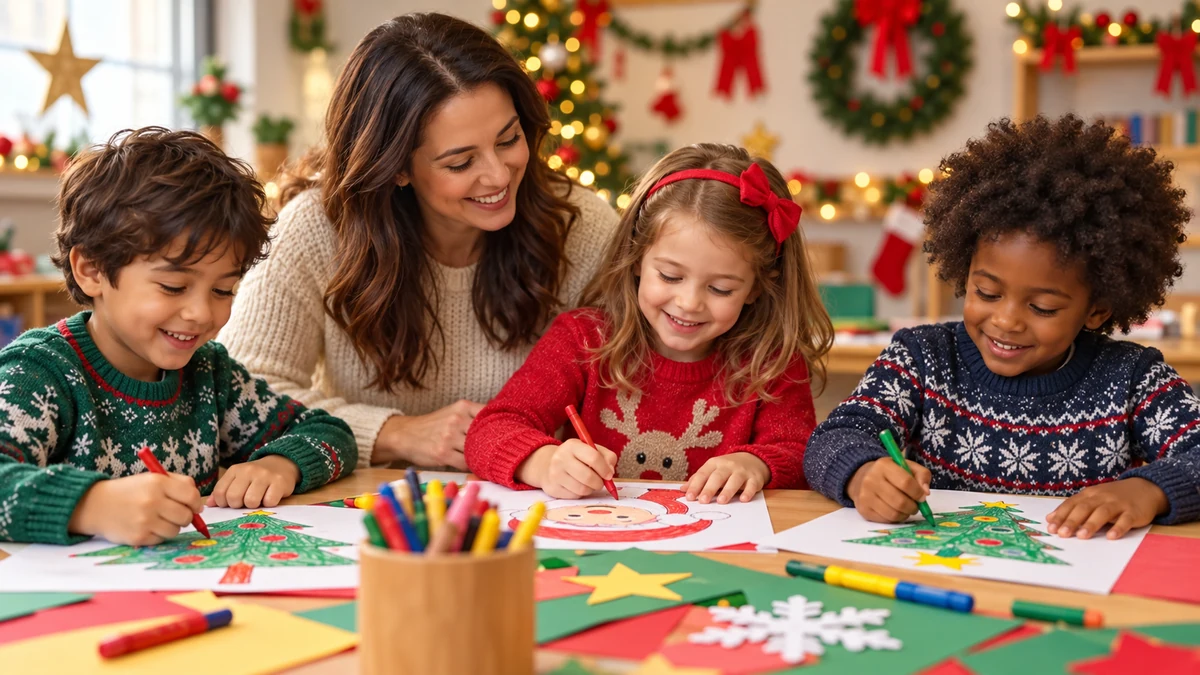 Adult and three children drawing festive pictures Adult and three children drawing festive pictures