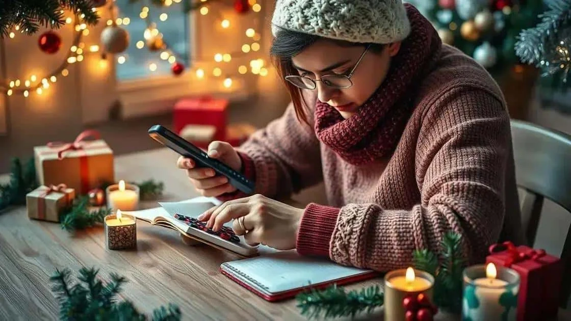 Adult checking a phone and calculator at a Christmas desk