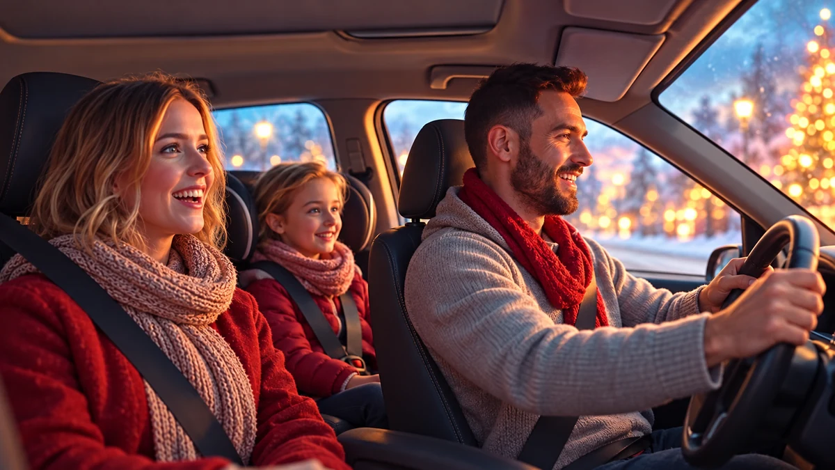 Adult driver and family wearing seat belts on a Christmas trip