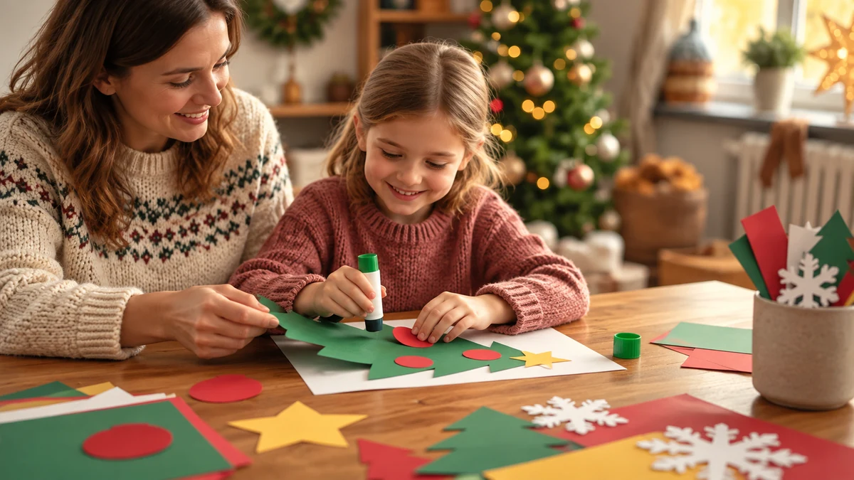 Adult helping a child make a paper Christmas collage