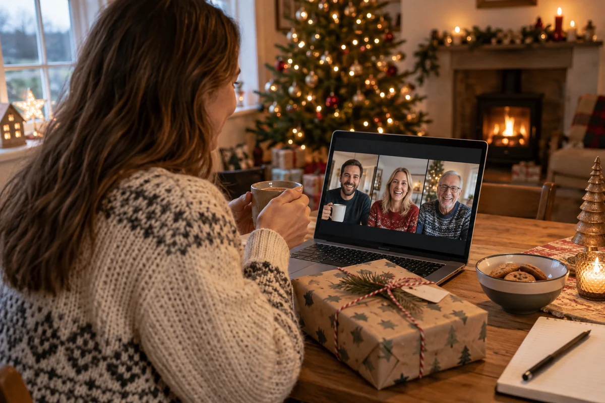 Adult joining a Christmas video call with a present on the table