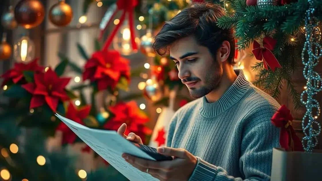 Adult reading a document beside a Christmas tree