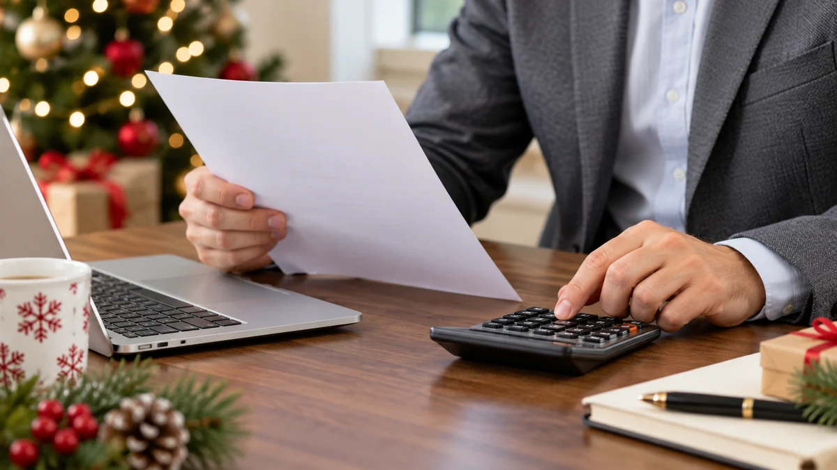 Adult reviewing a document beside a laptop and calculator