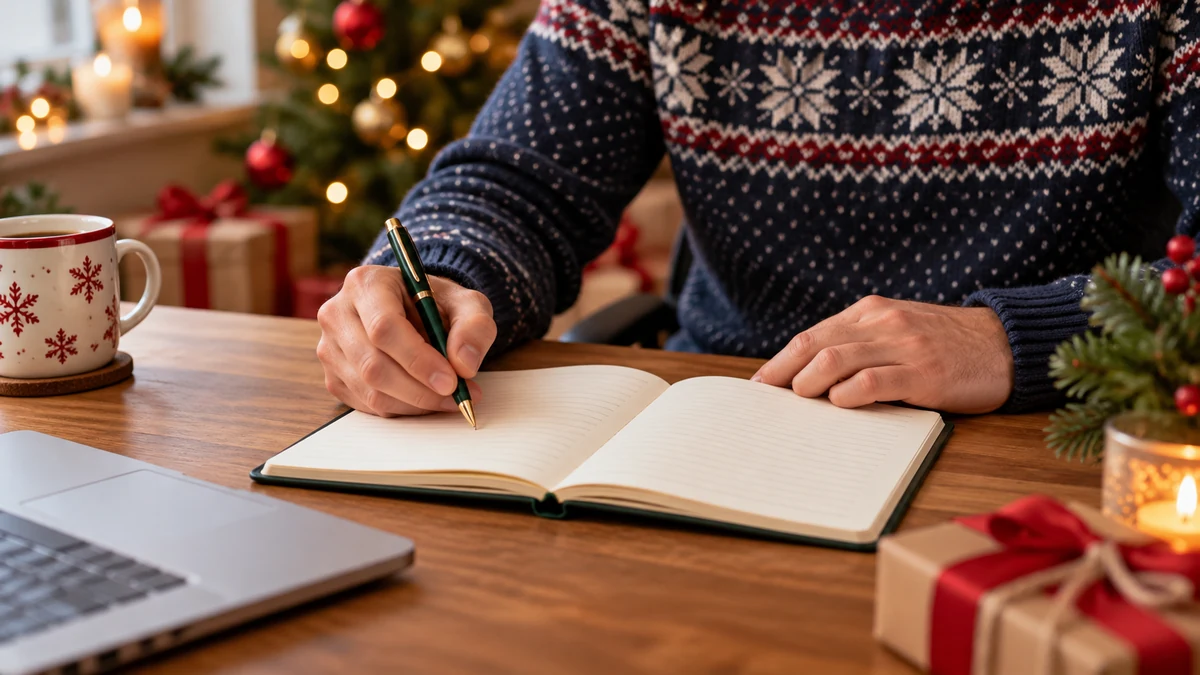 Adult reviewing a notebook at a Christmas planning desk