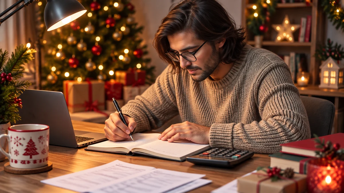 Adult reviewing plain notes at a Christmas desk Adult reviewing plain notes at a Christmas desk