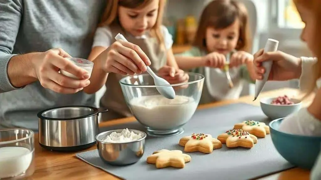 Adult supervising children mixing icing and decorating biscuits