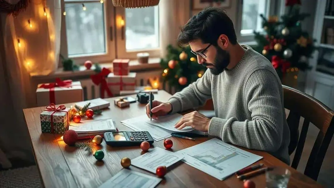Adult writing notes beside a calculator and wrapped gifts